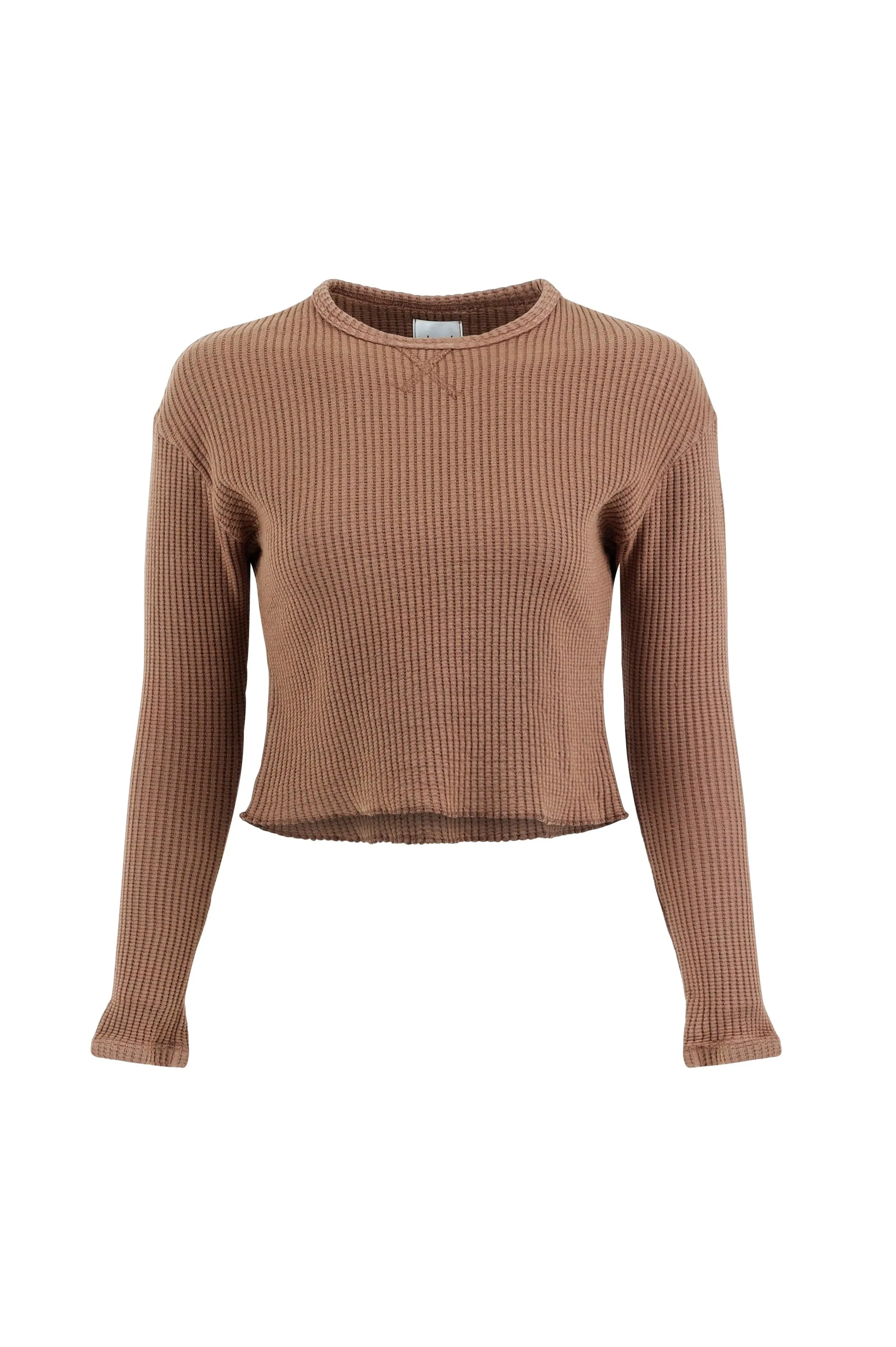 Fiona Organic Cotton Waffle Thermal Pullover Top - Cocoa sold by Lezat