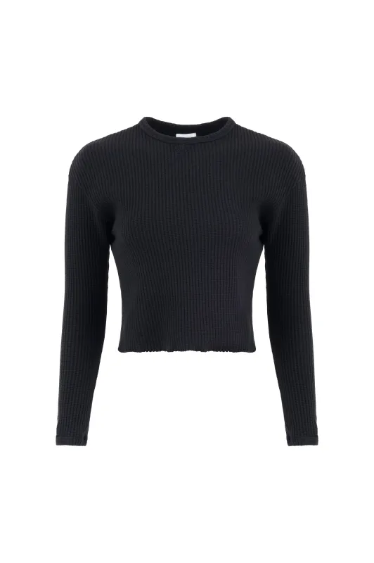 Fiona Organic Cotton Waffle Thermal Pullover Top - Black sold by Lezat