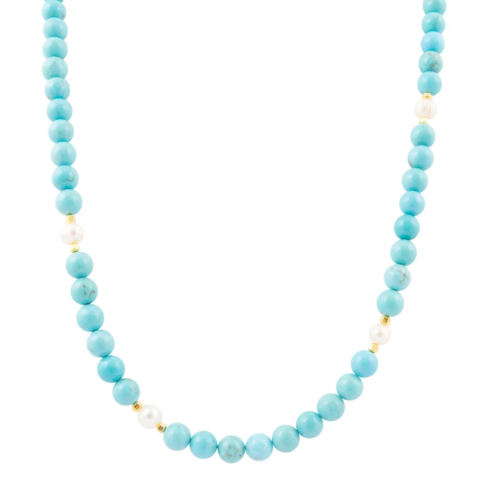 Hepburn Pearl and Blue Magnesite Long Golden Necklace sold by Barse