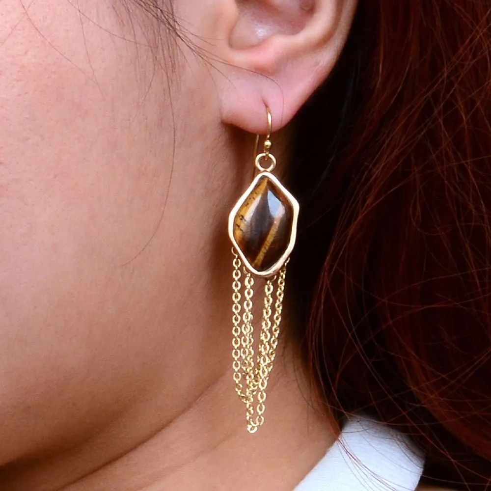 Abstract Brown Tiger's Eye Golden Statement Earrings sold by Barse product image thumbnail 2