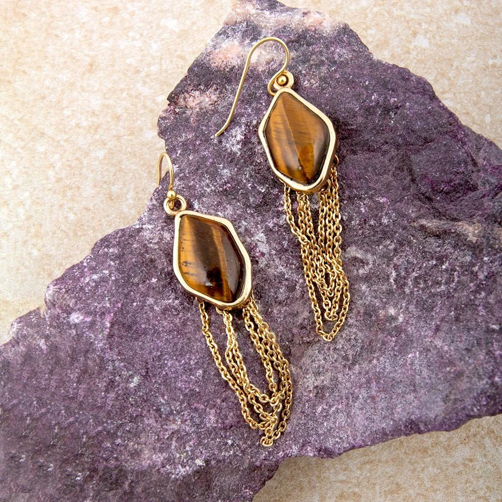 Abstract Brown Tiger's Eye Golden Statement Earrings sold by Barse product image thumbnail 4