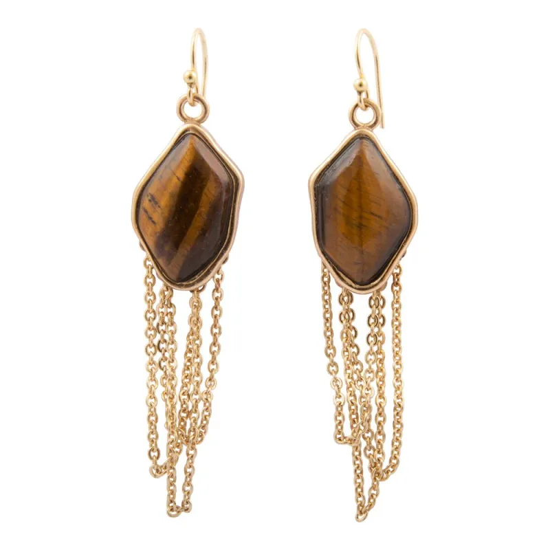 Abstract Brown Tiger's Eye Golden Statement Earrings sold by Barse