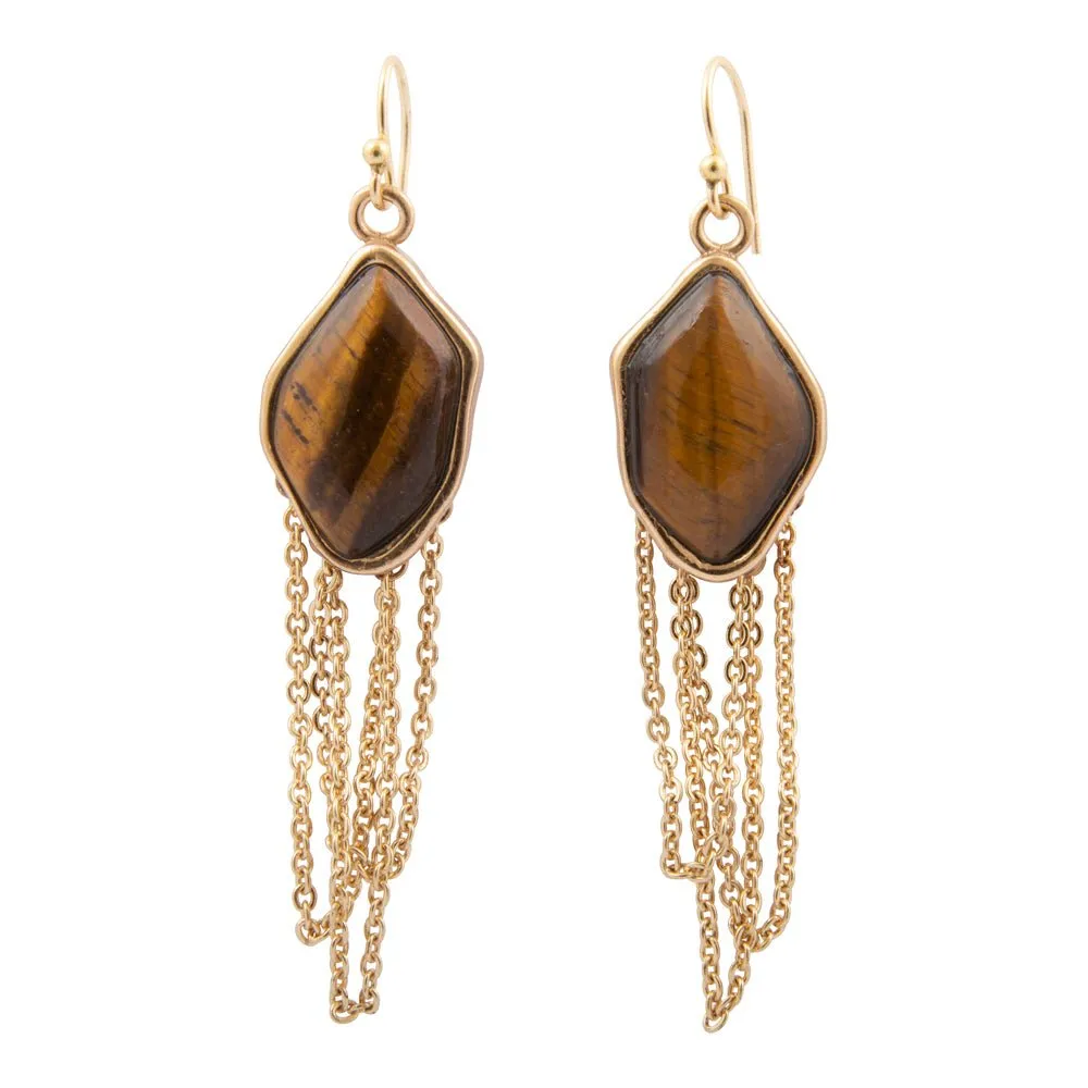 Abstract Brown Tiger's Eye Golden Statement Earrings sold by Barse