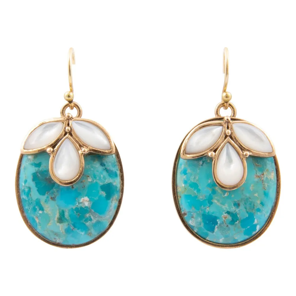 White Mother of Pearl and Blue Turquoise Petal Golden Drop Earrings sold by Barse