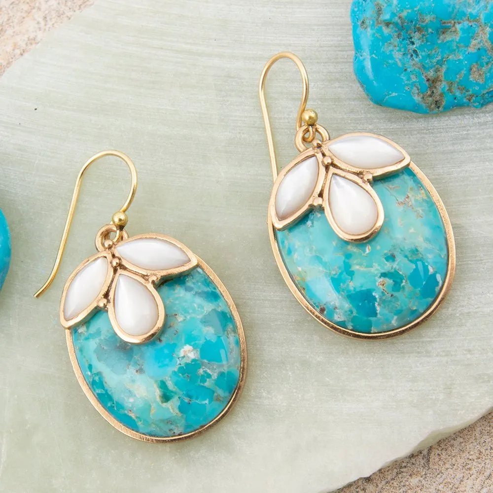 White Mother of Pearl and Blue Turquoise Petal Golden Drop Earrings sold by Barse product image thumbnail 3