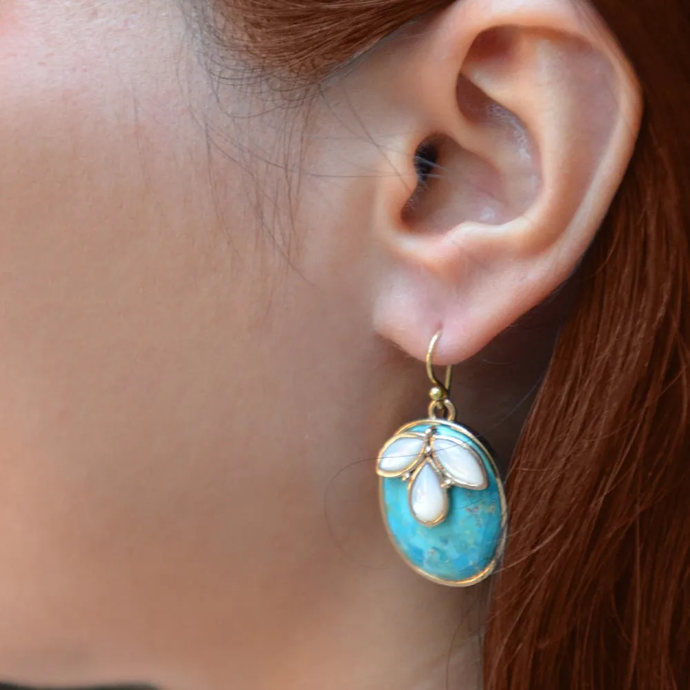 White Mother of Pearl and Blue Turquoise Petal Golden Drop Earrings sold by Barse product image thumbnail 2