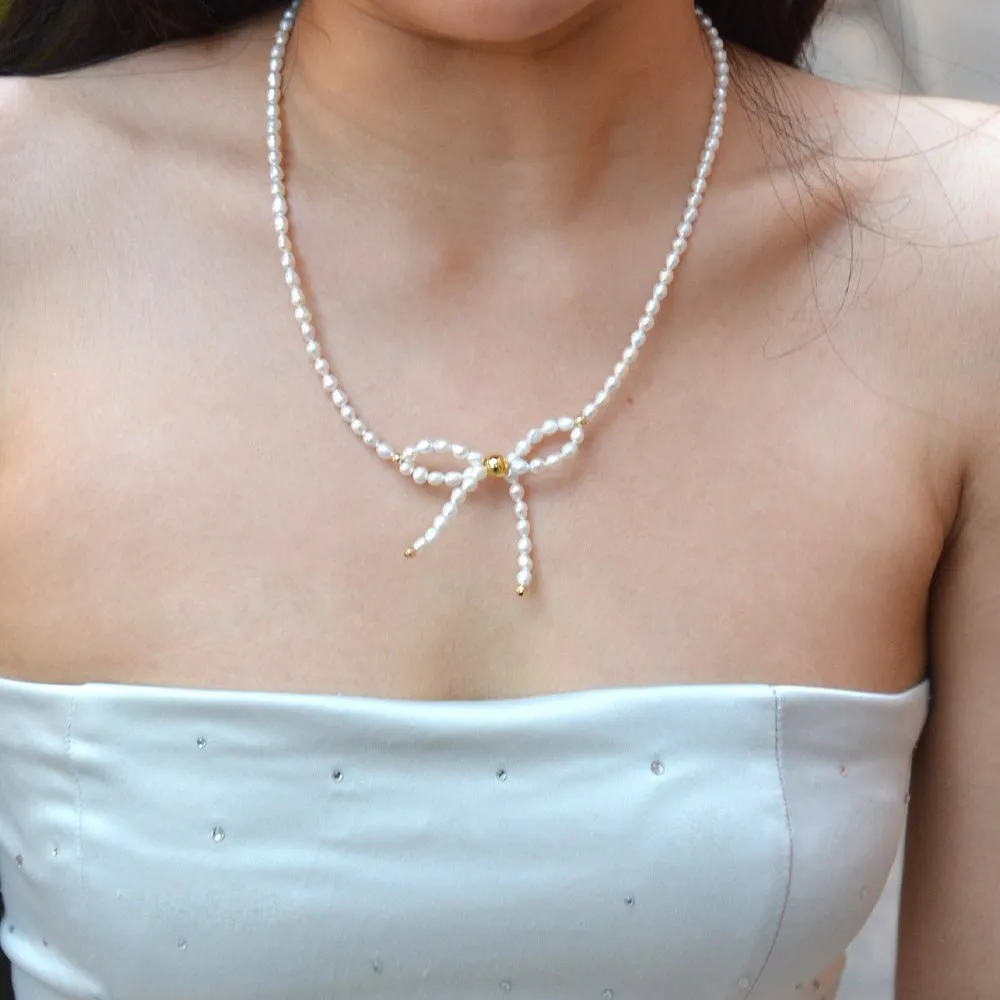 White Freshwater Pearl Bow Golden Necklace sold by Barse product image thumbnail 2