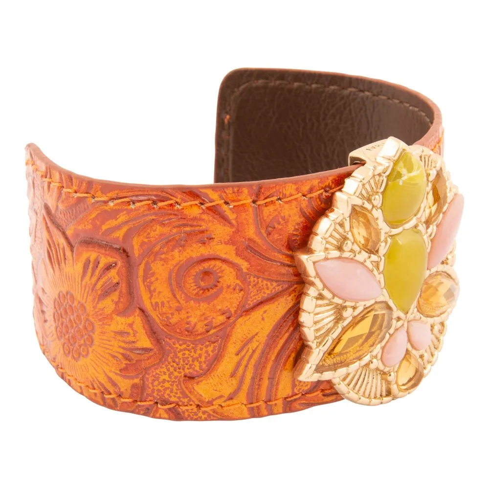 Stargazer Green Jasper Golden Leather Cuff Bracelet sold by Barse