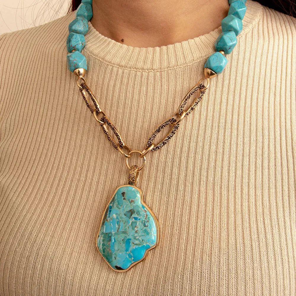 Thistle Blue Turquoise Golden Links Statement Necklace sold by Barse product image thumbnail 2
