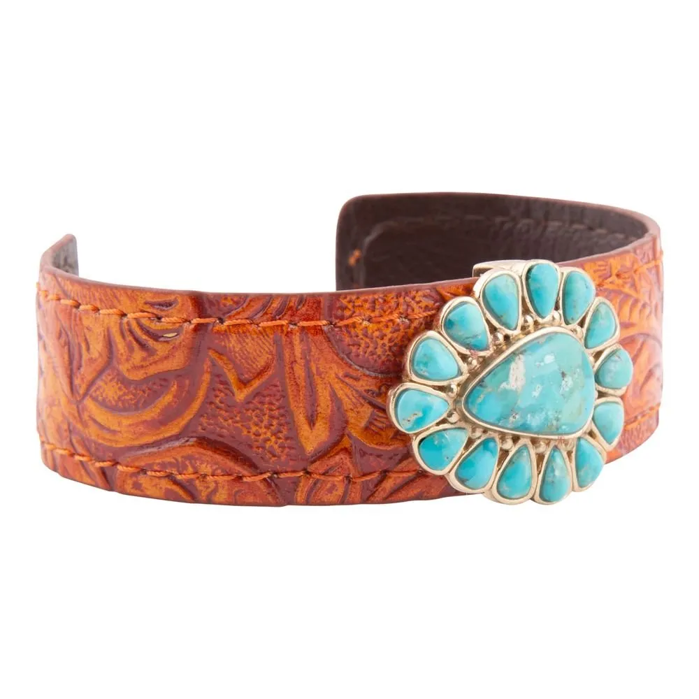 Blue Turquoise Leather Golden Cuff Bracelet sold by Barse