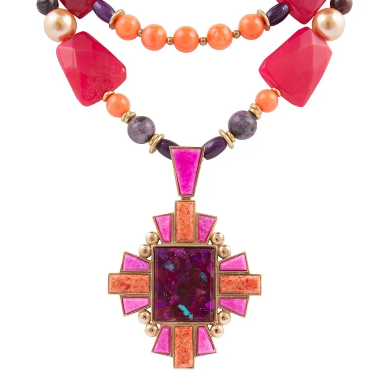 Santa Fe Purple Turquoise Golden Cross Pendant Necklace sold by Barse