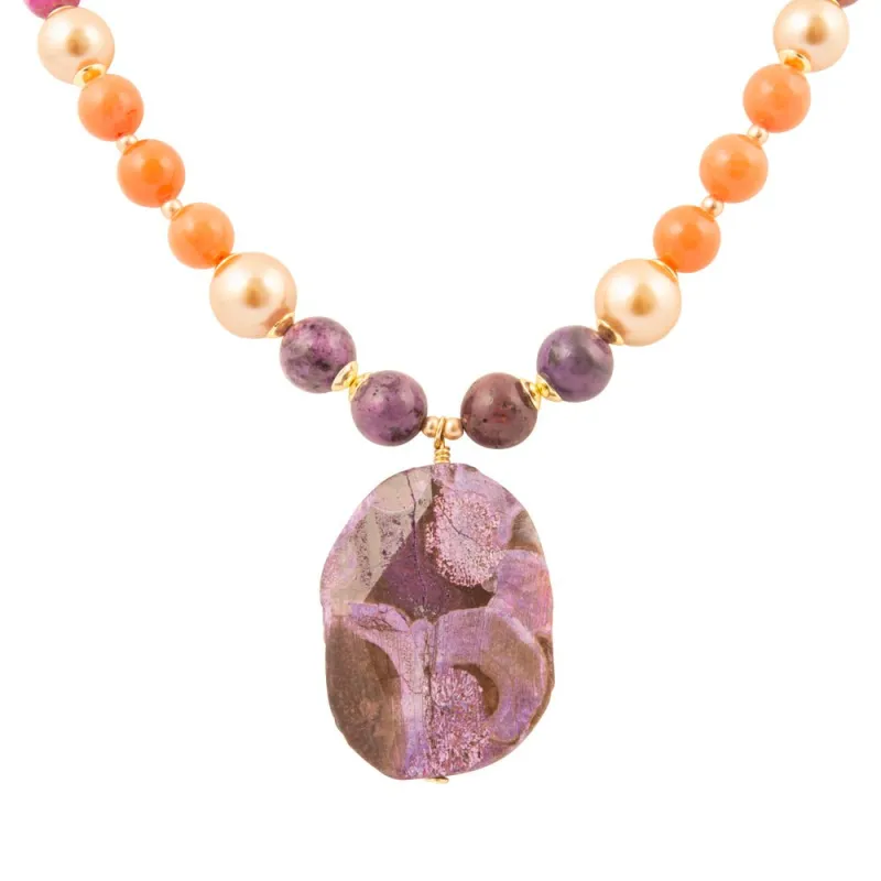Bordeaux Purple Jasper Golden Pendant Necklace sold by Barse