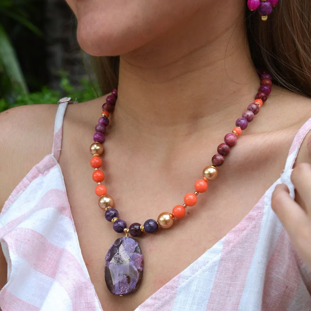 Bordeaux Purple Jasper Golden Pendant Necklace sold by Barse product image thumbnail 2