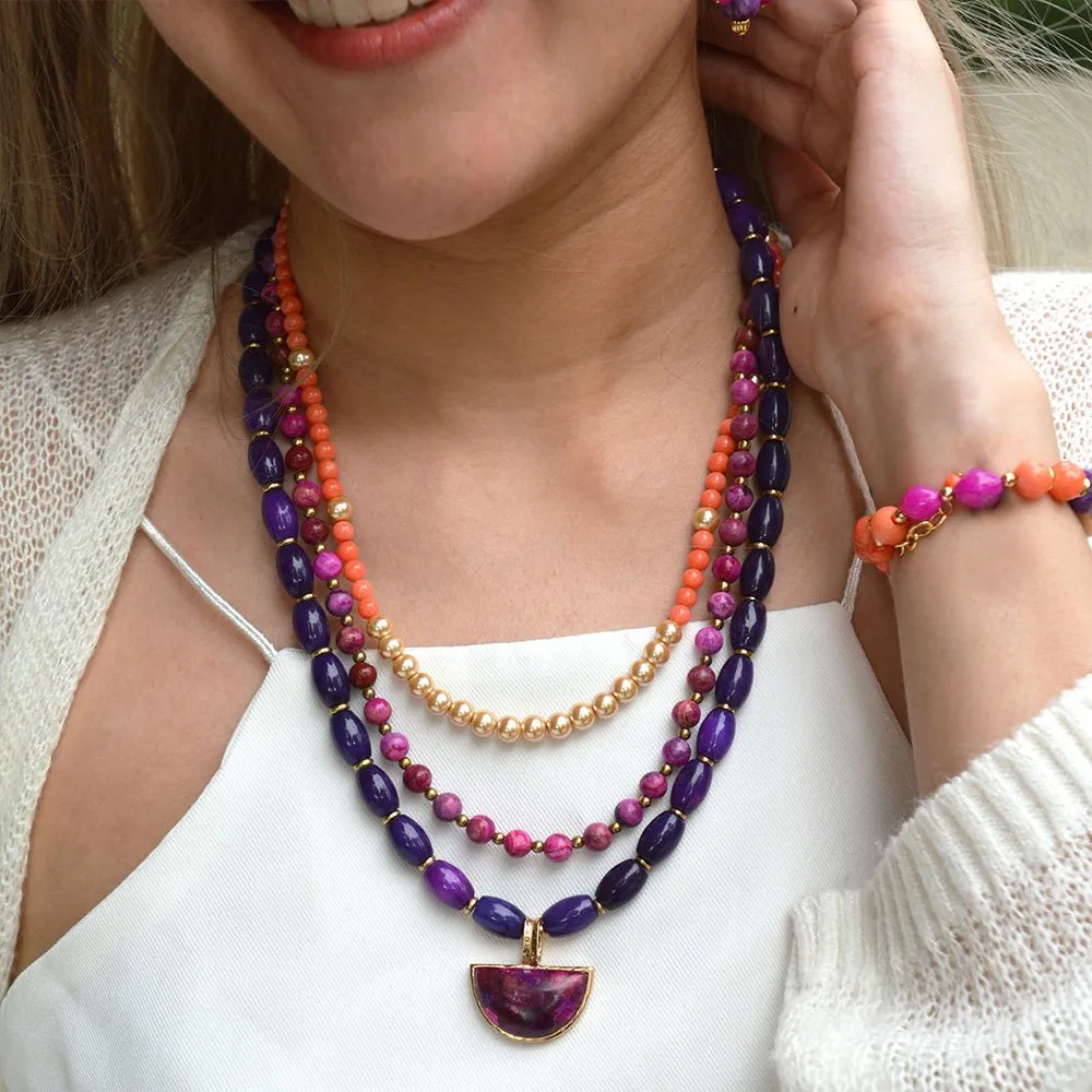Bordeaux Purple Turquoise and Orange Jade Golden Pendant Necklace sold by Barse product image thumbnail 2