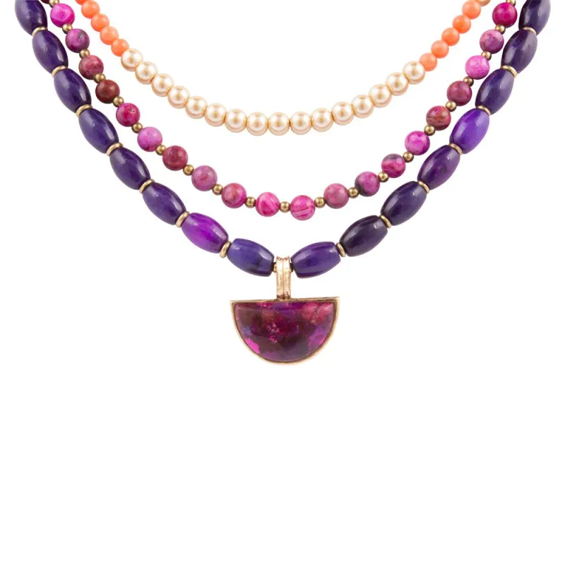 Bordeaux Purple Turquoise and Orange Jade Golden Pendant Necklace sold by Barse