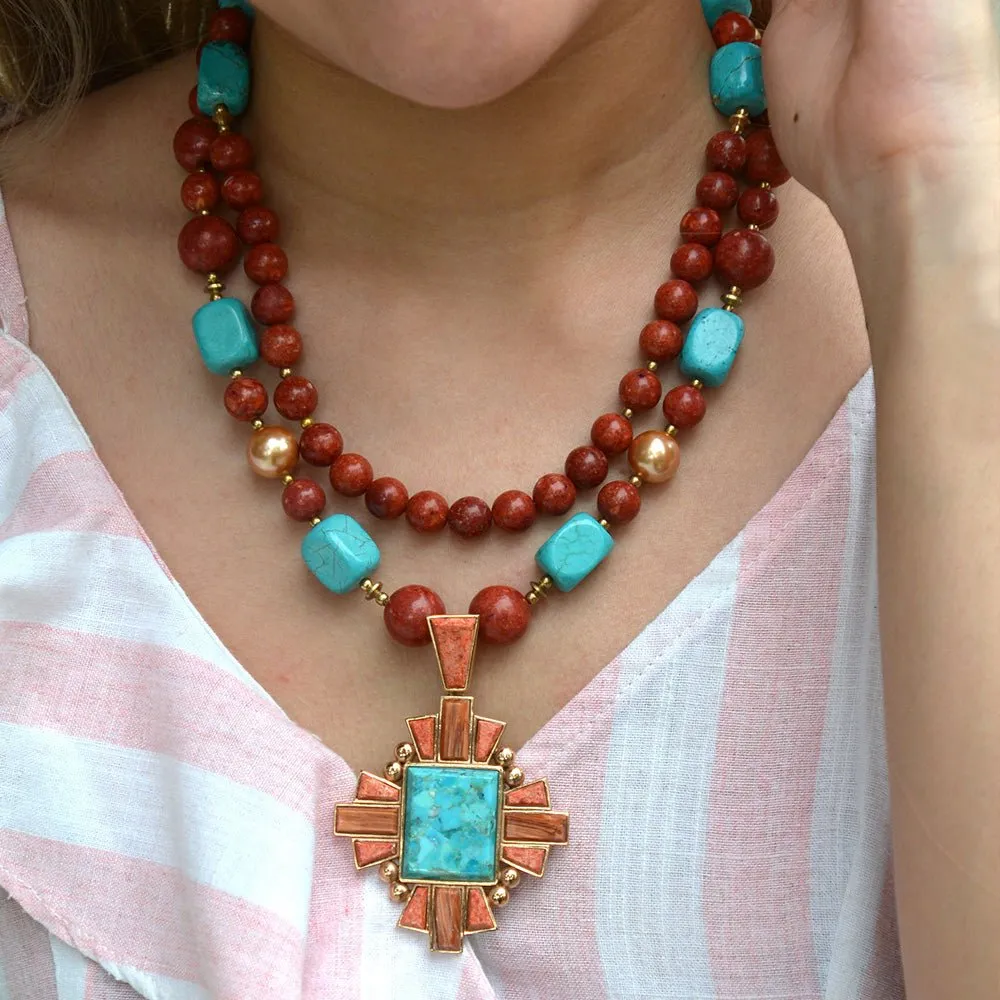 Santa Fe Blue Turquoise Golden Cross Pendant Necklace sold by Barse product image thumbnail 2