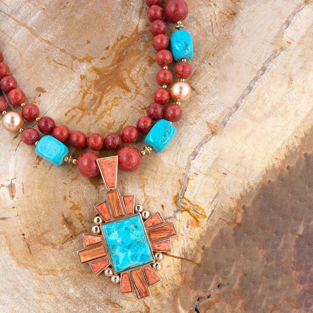 Santa Fe Blue Turquoise Golden Cross Pendant Necklace sold by Barse product image thumbnail 4