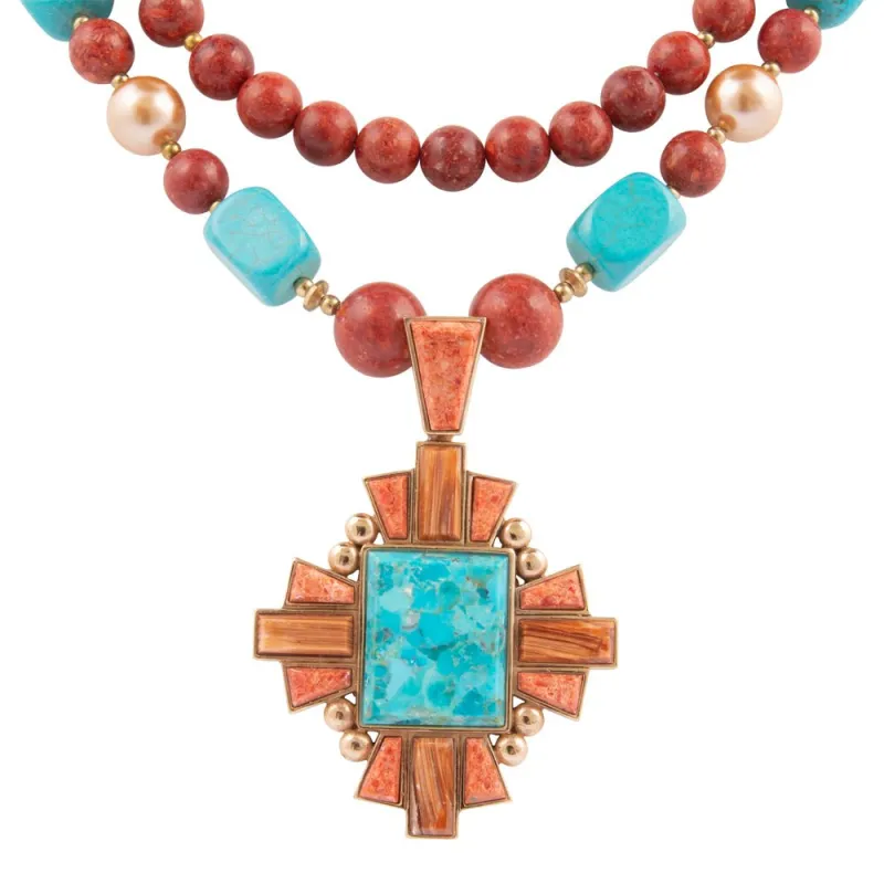 Santa Fe Blue Turquoise Golden Cross Pendant Necklace sold by Barse