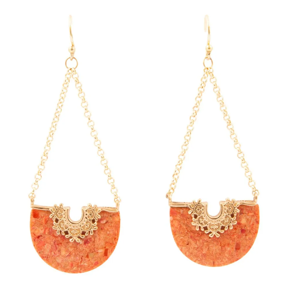 Crescent Orange Coral Chandelier Golden Earrings sold by Barse