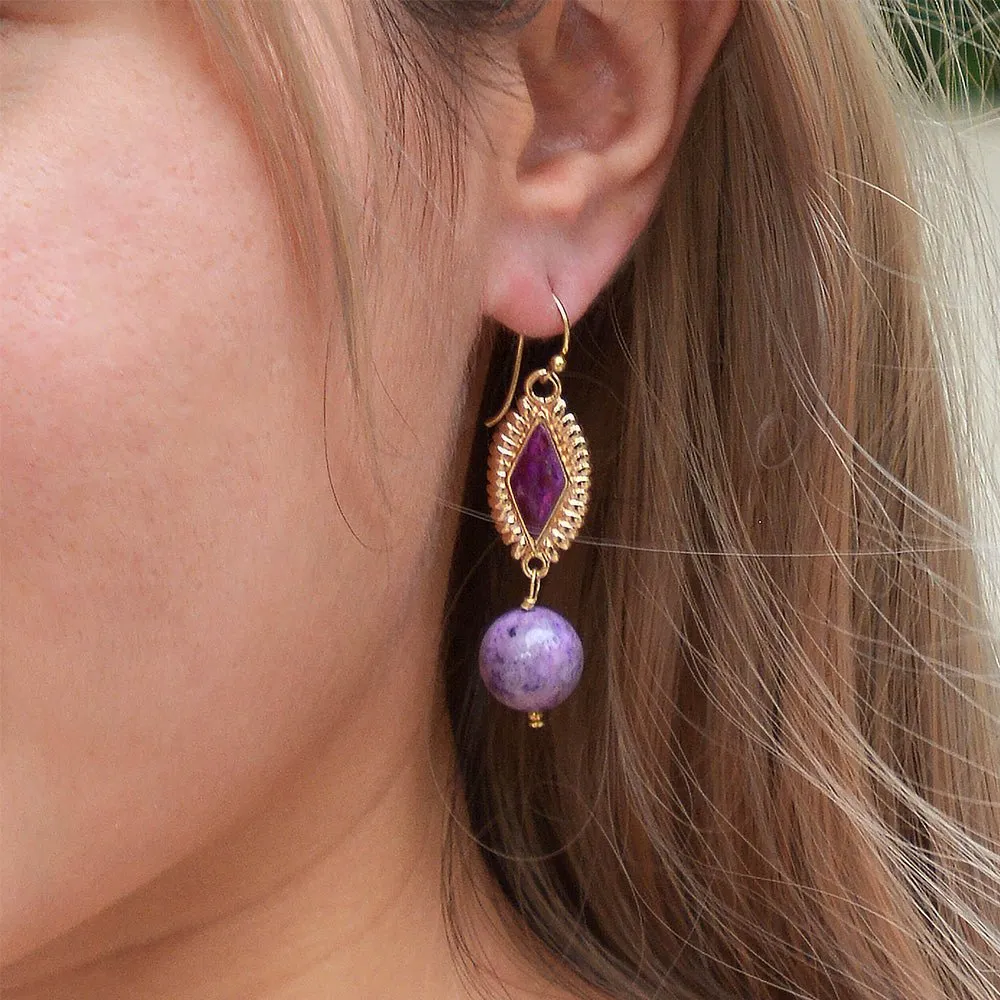Bordeaux Purple Agate Golden Drop Earrings sold by Barse product image thumbnail 2