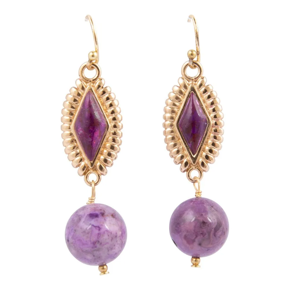 Bordeaux Purple Agate Golden Drop Earrings sold by Barse