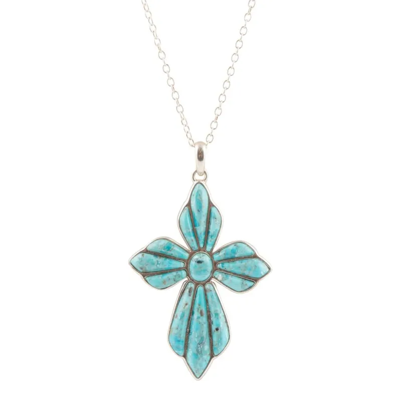 Blue Turquoise Cross Pendant Sterling Silver Necklace sold by Barse