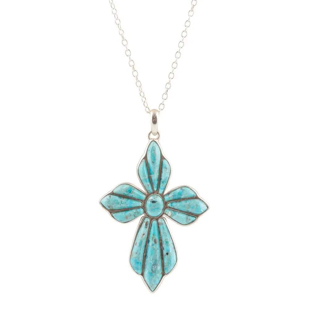 Blue Turquoise Cross Pendant Sterling Silver Necklace sold by Barse