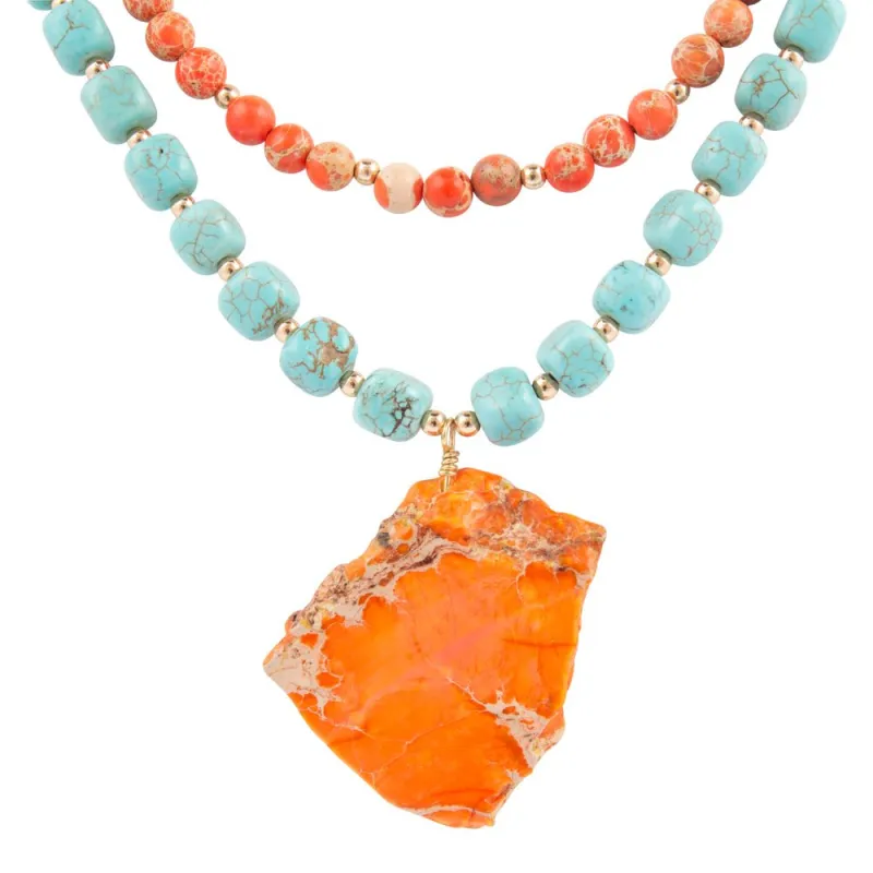 Canyon Blue Magnesite and Orange Jasper Golden Statement Necklace sold by Barse