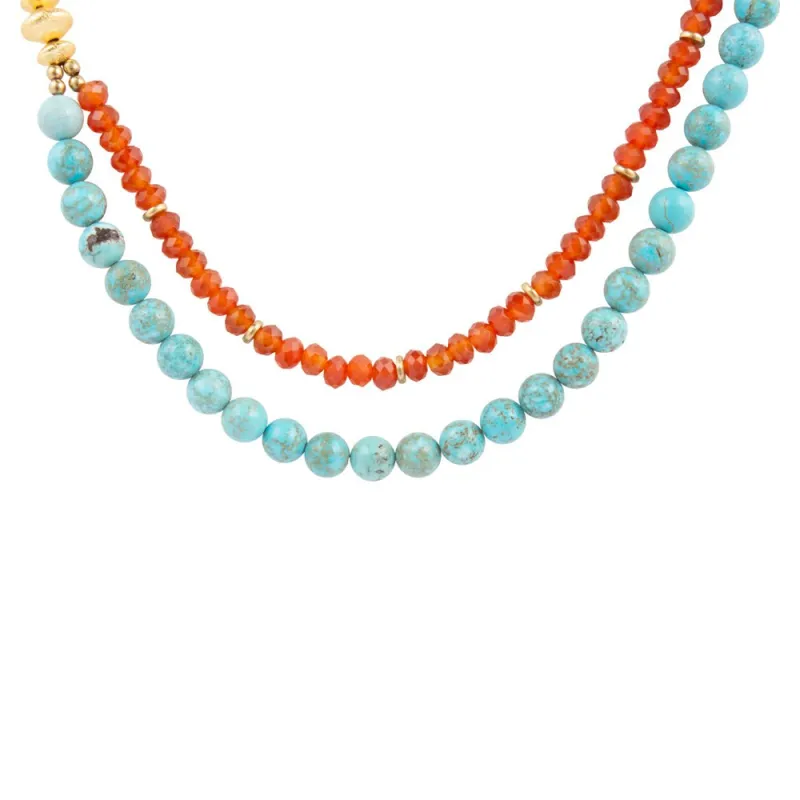 Canyon Blue Turquoise and Orange Carnelian Long Golden Necklace sold by Barse