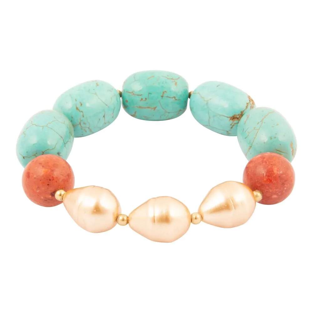 Canyon Blue Magnesite and Red Coral Golden Chunky Stretch Bracelet sold by Barse