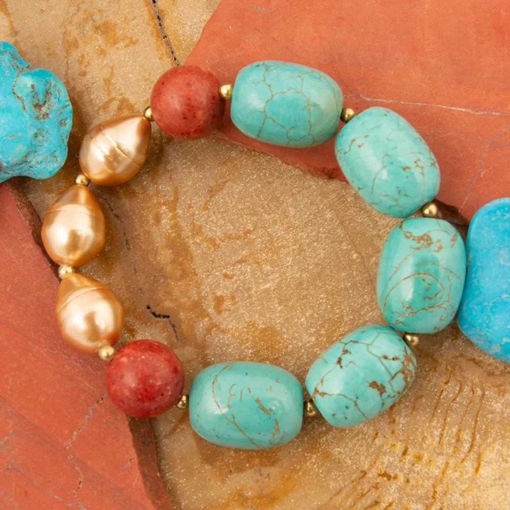 Canyon Blue Magnesite and Red Coral Golden Chunky Stretch Bracelet sold by Barse product image thumbnail 3