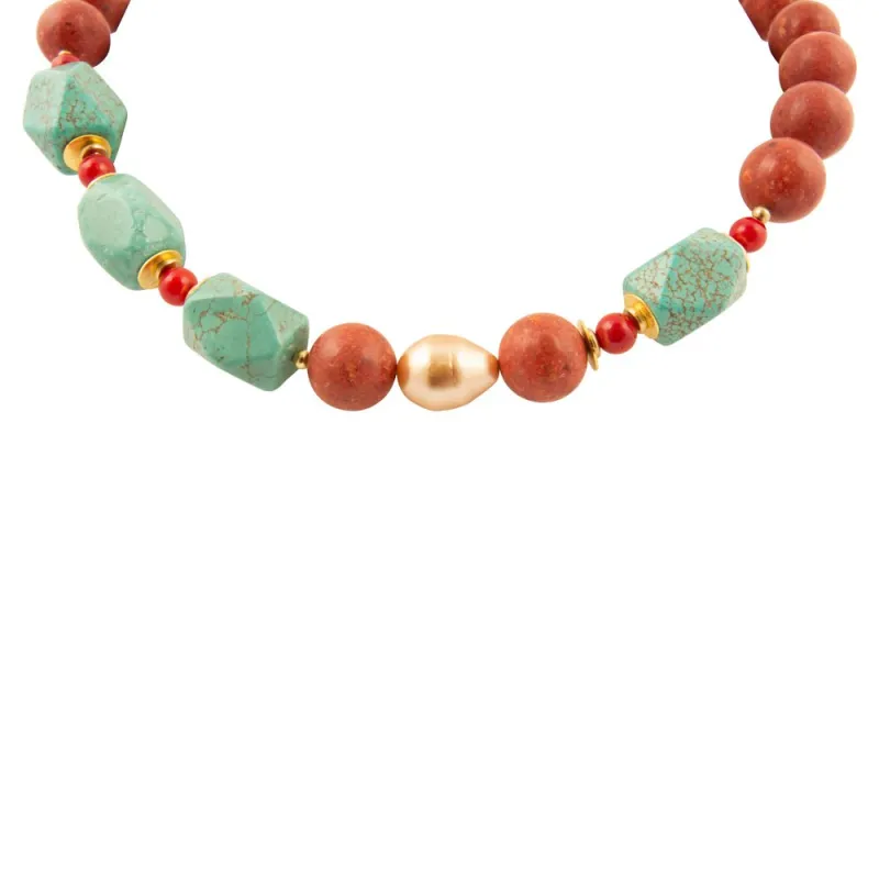 Canyon Blue Turquoise and Red Coral Golden Chunky Necklace sold by Barse