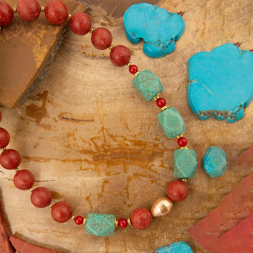 Canyon Blue Turquoise and Red Coral Golden Chunky Necklace sold by Barse product image thumbnail 3
