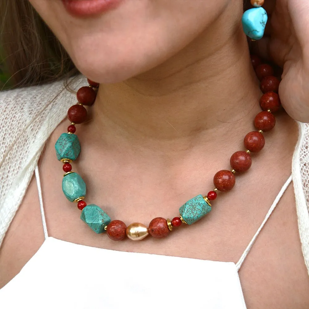 Canyon Blue Turquoise and Red Coral Golden Chunky Necklace sold by Barse product image thumbnail 2