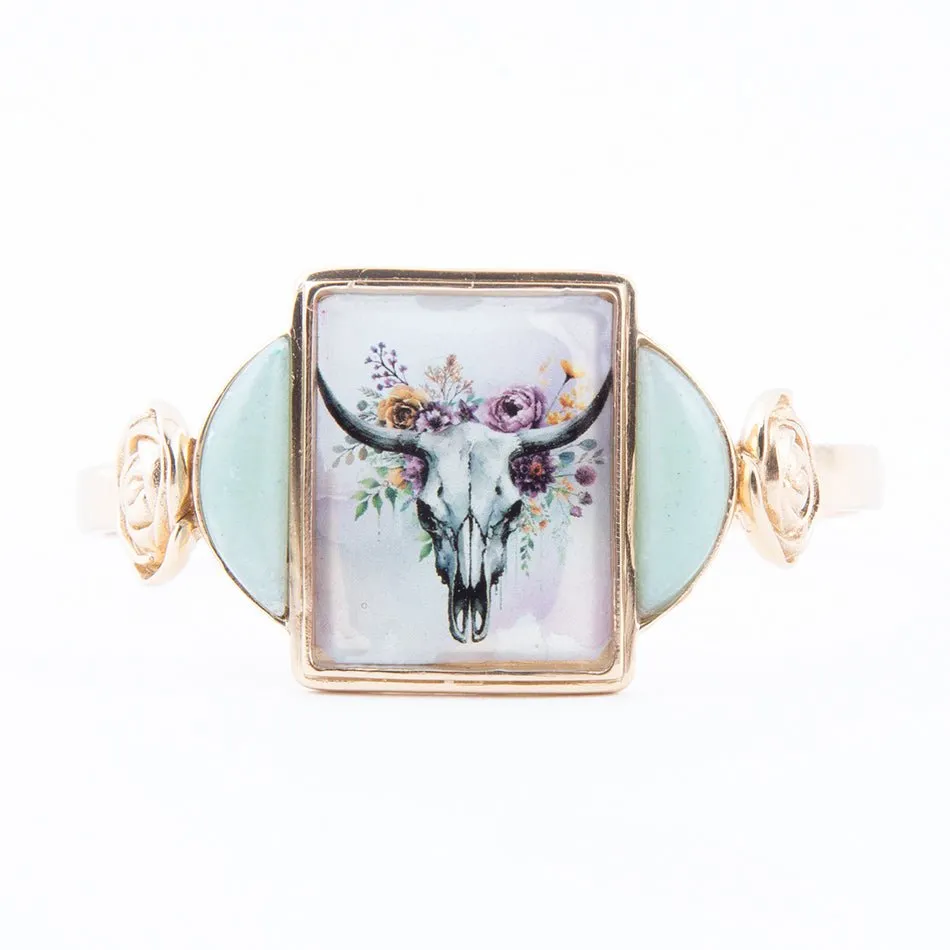 Steer Skull Green Aventurine Golden Cuff Bracelet sold by Barse