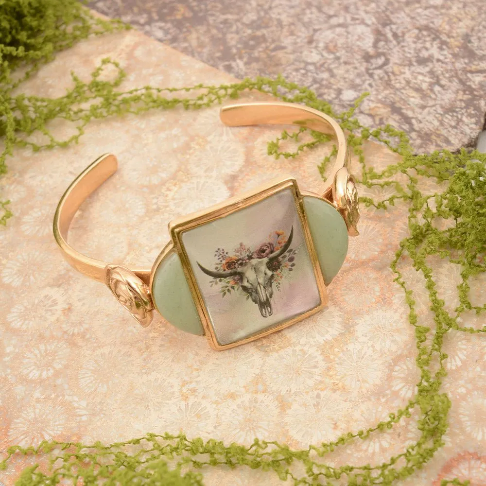 Steer Skull Green Aventurine Golden Cuff Bracelet sold by Barse product image thumbnail 3