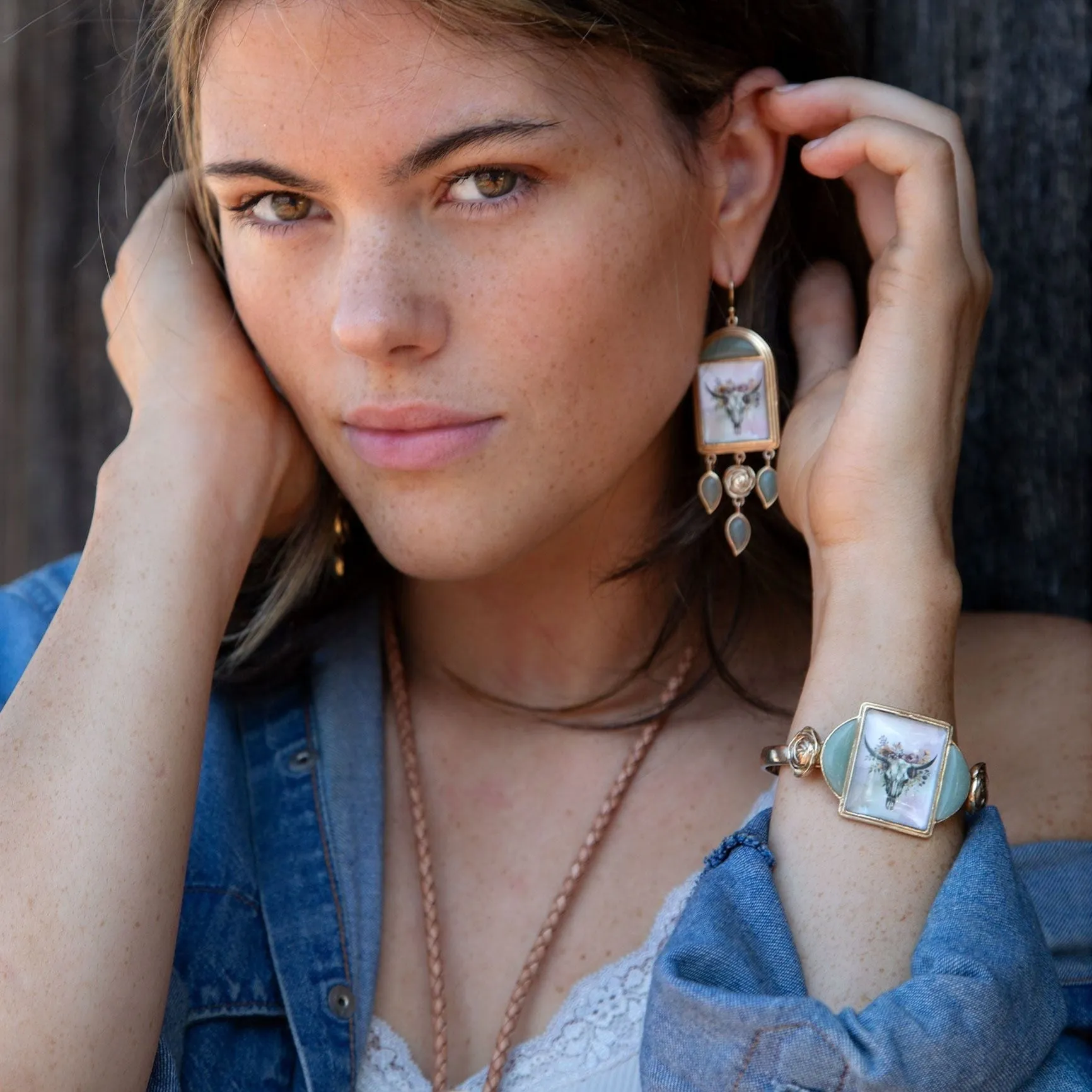 Steer Skull Green Aventurine Golden Cuff Bracelet sold by Barse product image thumbnail 4