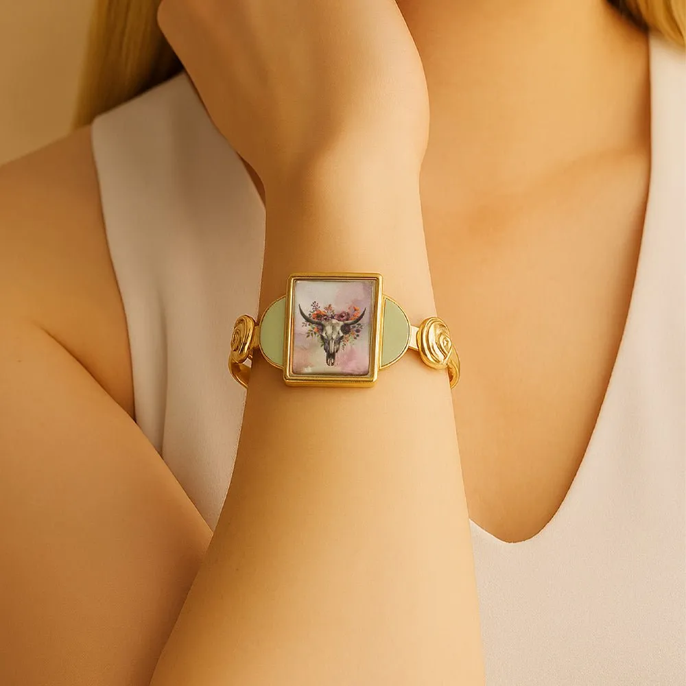 Steer Skull Green Aventurine Golden Cuff Bracelet sold by Barse product image thumbnail 2