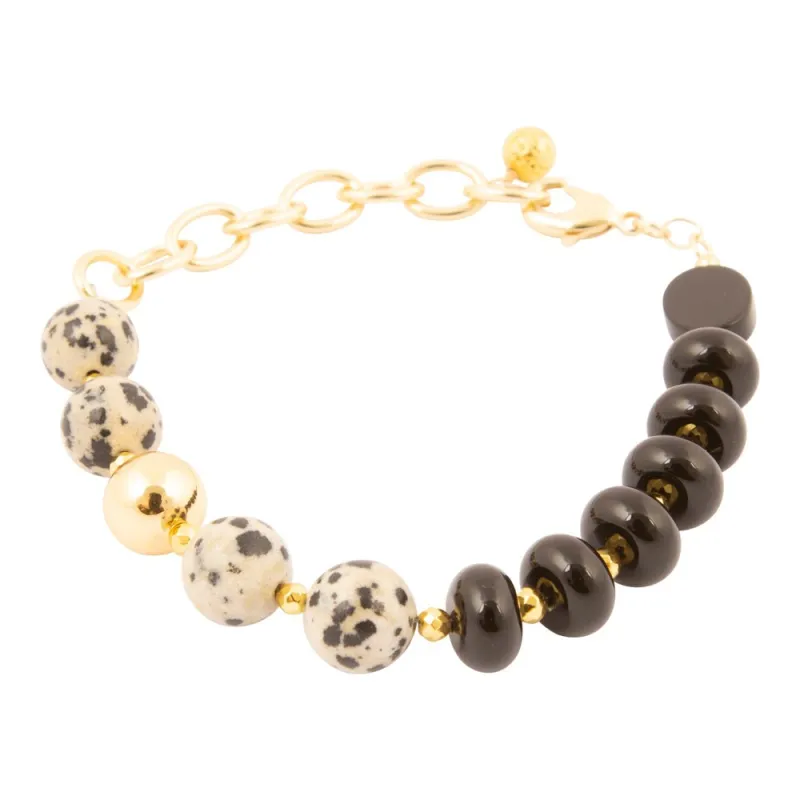 Dalmatian Jasper Black Onyx Golden Link Bracelet sold by Barse