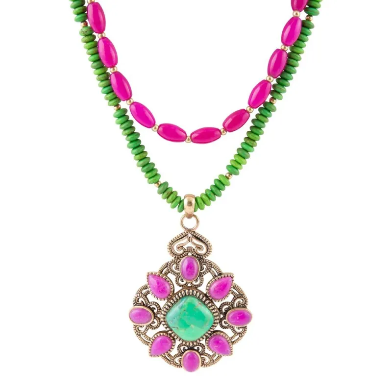 Madeira Lime Green and Pink Agate Statement Pendant Necklace sold by Barse