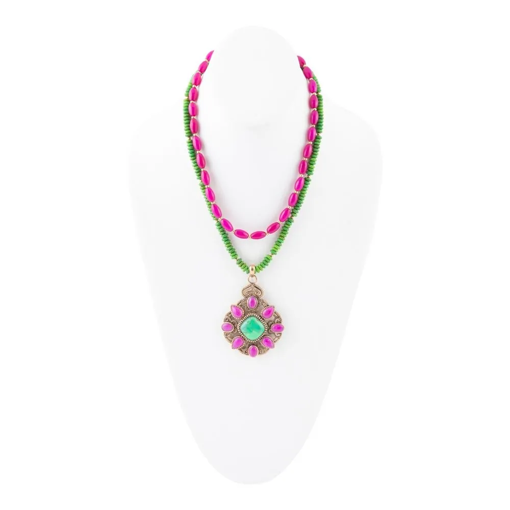 Madeira Lime Green and Pink Agate Statement Pendant Necklace sold by Barse product image thumbnail 4