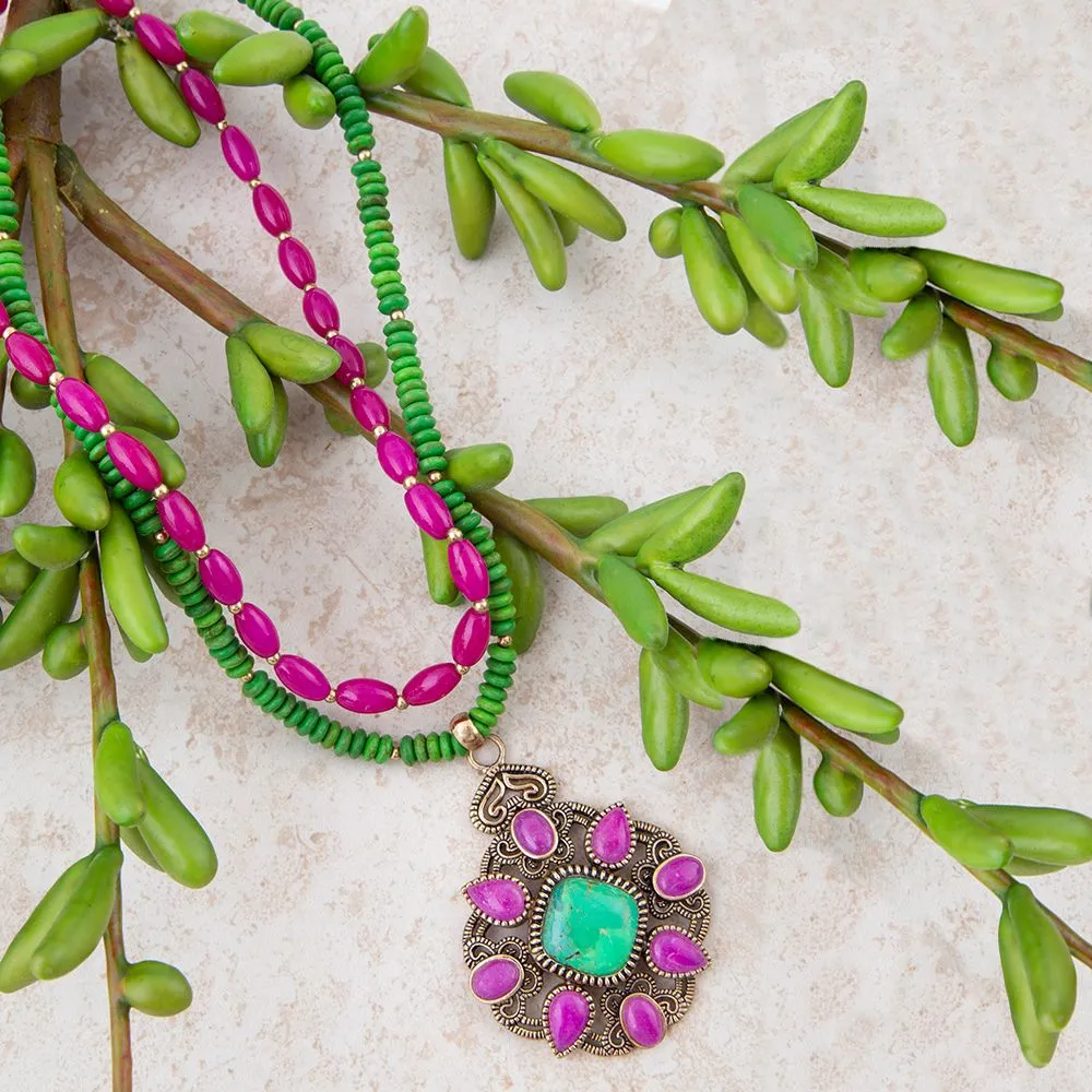 Madeira Lime Green and Pink Agate Statement Pendant Necklace sold by Barse product image thumbnail 3