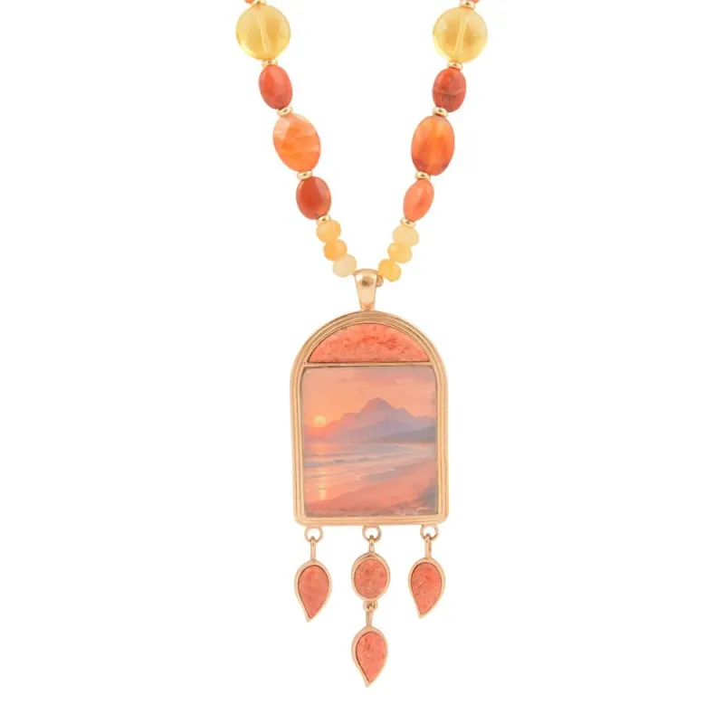 Scene Sunset Orange Sponge Coral Golden Pendant Necklace sold by Barse