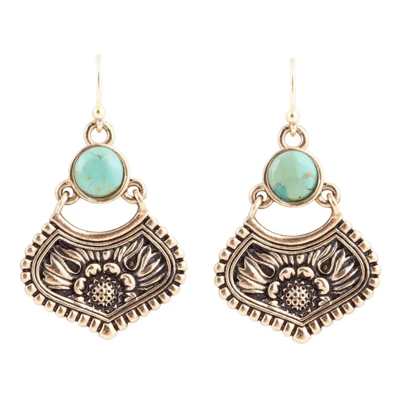 Blue Turquoise Flourish Golden Drop Earrings sold by Barse