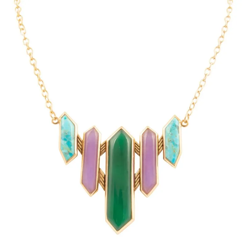 Deco Green and Purple Agate Golden Statement Necklace sold by Barse