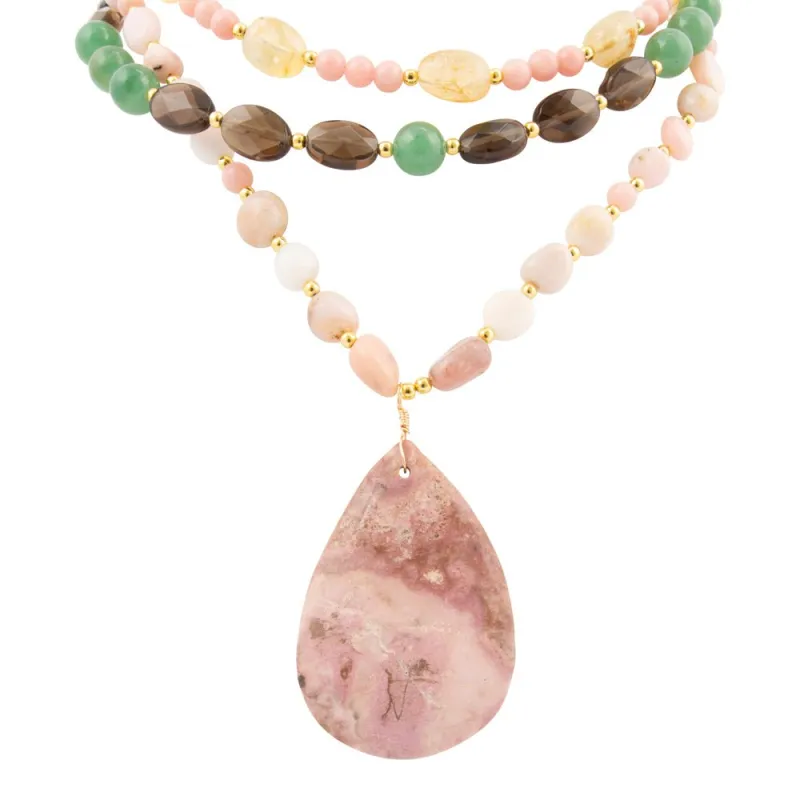 Meadow Multistone Pink Rhodonite Golden Statement Necklace sold by Barse