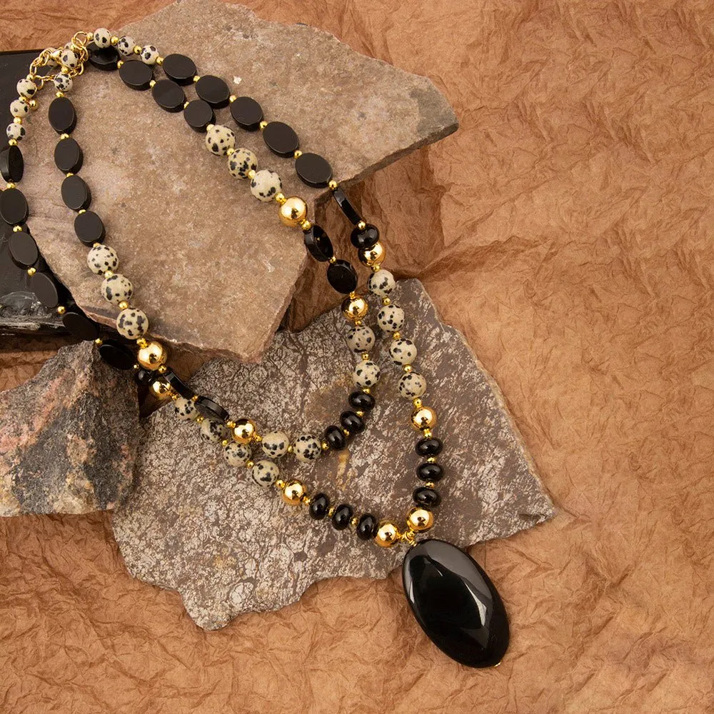Dalmatian Jasper Black Onyx Golden Pendant Necklace sold by Barse product image thumbnail 4