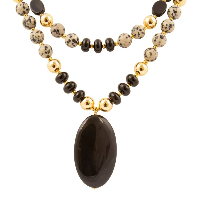 Dalmatian Jasper Black Onyx Golden Pendant Necklace sold by Barse