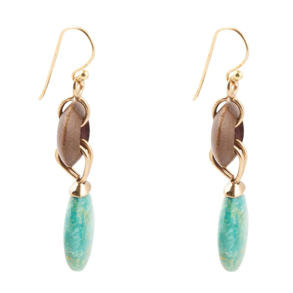 Precious Green Turquoise and Wood Golden Bronze Drop Earrings sold by Barse product image thumbnail 3
