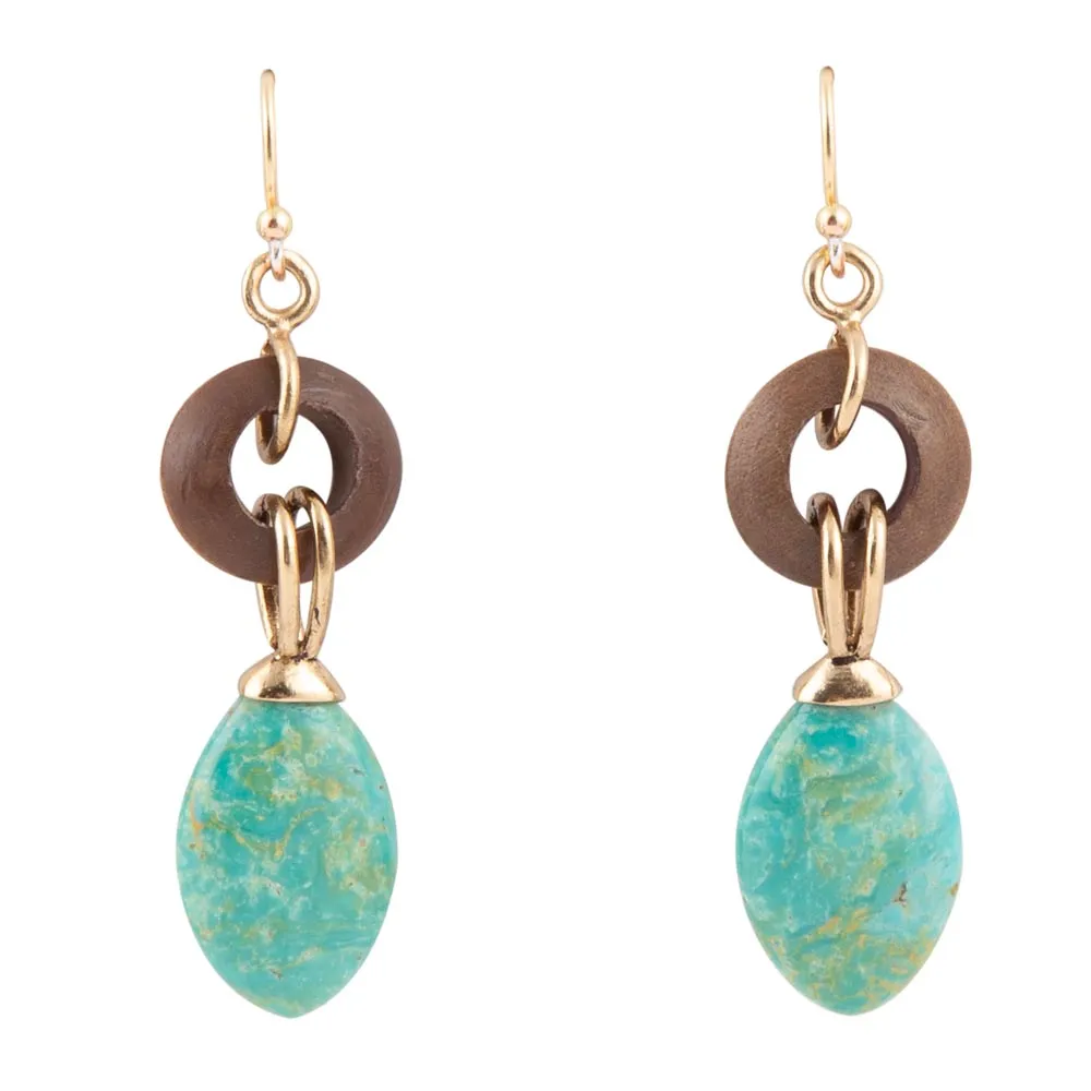 Precious Green Turquoise and Wood Golden Bronze Drop Earrings sold by Barse